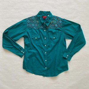 Panhandle Bright Turquoise Western Shirt with Colorful Stitching Size Large